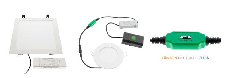 <p data-block-key="zkn71">Nelikulmaisten 24VDC led-paneelien ja pyöreiden led-plafondien muuntajat valitaan käyttötarpeen mukaan. Vasemmalla langattoman ohjauksen ryhmämuuntaja, jolloin esim. neljän led-paneelin värilämpötilaa ja kirkkautta säädetään yhdestä ohjaimesta, joka pariliitetään langattoman ohjauksen muuntajaan. Keskellä plafondi, jossa vakiona värilämpötilansäätökytkin. Kytkimestä valitaan asennettaessa valkoisen valon värilämpötila (Kelvin), lämmin, neutraali tai kylmä. Plafondissa myös himmennettävä virtalähde ja musta ketjutettava asennusrasia.</p>