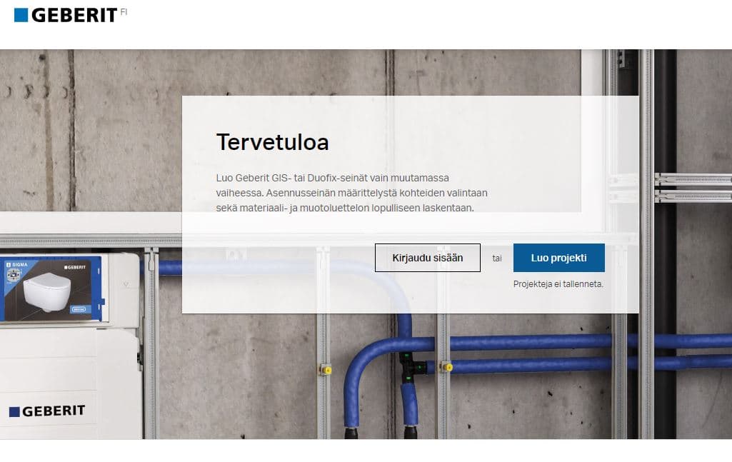 Geberit GIS/Duofix -laskentatyökalu vaihe 1
