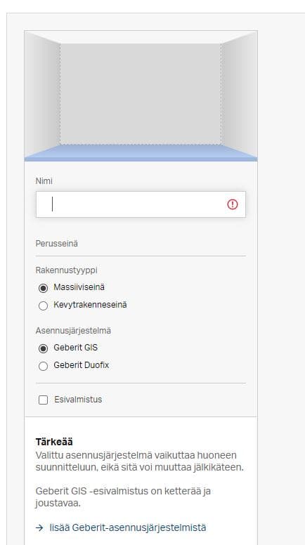 Geberit GIS/Duofix -laskentatyökalu vaihe 2