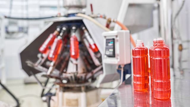 pulloja joiden sisällä oranssia nestettä tehdasolosuhteissa